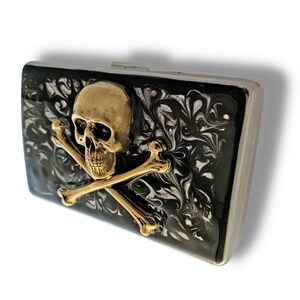 Antique Gold Skull and Crossbones Cigarette Case in Hand Painted Black Ink Swirl Enamel Gothic Victorian with Personalized Options