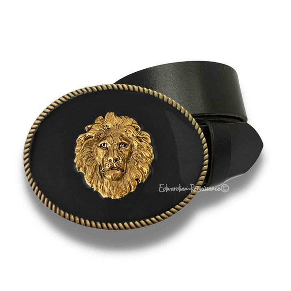 Antique Gold Lion Head Belt Buckle Inlaid in Hand Painted Glossy Black Enamel Neo Victorian Zodiac Leo Inspired with Color Options