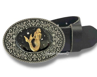 Antique Gold Mermaid Belt Buckle Inlaid in Hand Painted Black with Silver Splash Enamel Vintage Style Oval Buckle Custom Colors Available