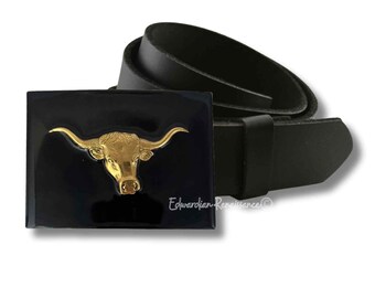 Antik Gold Longhorn Bull Gürtelschnalle: Handbemalte Western Emaille