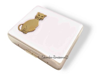Antique Gold Cat Pill Box: Hand Painted Enamel, 8-Compartment