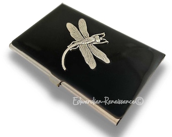 Tarjetero Dragonfly: Esmalte negro pintado a mano, opción personalizada