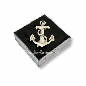 Anchor Pill Box Inlaid in Hand Painted Black Enamel Vintage Style Nautical Design Personalized and Color Options