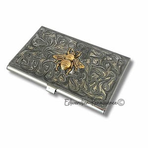 Antique Gold Bee Business Card Case: Hand-Painted Silver Swirl Enamel image 1