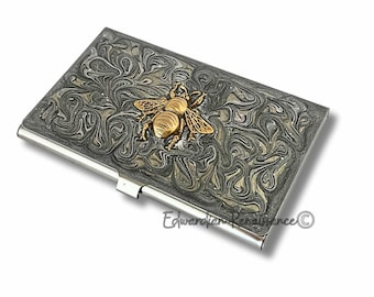 Antique Gold Bee Business Card Case: Hand-Painted Silver Swirl Enamel
