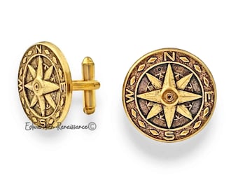 Compass Rose Cufflinks: Nautical Antique Gold Medallion, Tie Clip Set