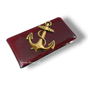 Anchor Money Clip Inlaid in Hand Painted Ox Blood Glossy Enamel Vintage Style Nautical Design with Personalized and Color Options Available