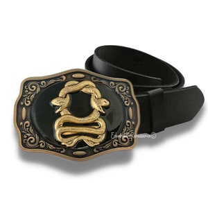 Antique Gold Snake Belt Buckle: Hand-Painted Enamel Serpent