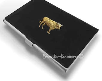 Porta biglietti da visita con toro color oro antico: opzione personalizzabile con smalto dipinto