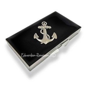 Antique Silver Anchor Weekly Pill Box Inlaid in Hand Painted Black Enamel Vintage Nautical Style with Personalized and Color Options