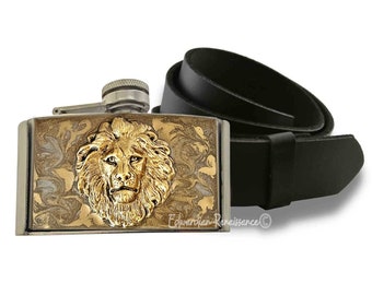 Antique Gold Lion Head Flask Belt Buckle Inlaid in Hand Painted Gold Swirl Enamel Safari Inspired with Personalized and Color Options