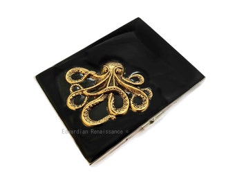Octopus-sigarettenkoker, handgeschilderd zwart email, nautische stijl