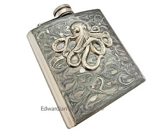 Antique Silver Octopus Flask Inlaid in Hand Painted Silver Swirl Design Neo Victorian Kraken Custom Colors and Personalized Option
