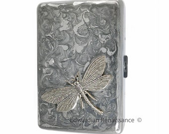 Art Nouveau Metal Cigarette Case Inlaid in Hand Painted Silver Swirl Enamel  Dragonfly Design Custom Engraving and Color Options