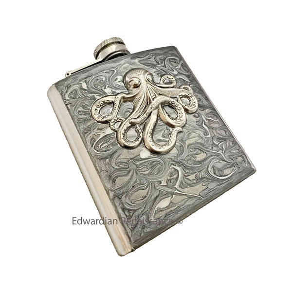 Antique Silver Octopus Flask Inlaid in Hand Painted Silver Swirl Design Neo Victorian Kraken Custom Colors and Personalized Option