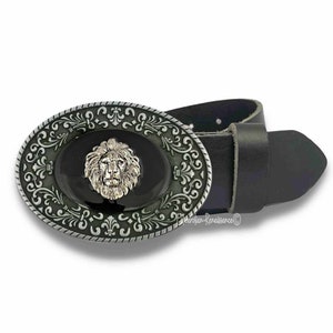 Löwenkopf Gürtelschnalle: Handbemalte Onyx Emaille, Antik Silber Finish