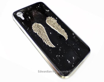 Angel Wings Iphone or Galaxy Phone Case in Hand Painted Black Glossy Enamel with Silver Splash 360 Magnetic Full Protection