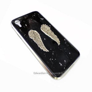 Angel Wings Iphone or Galaxy Phone Case in Hand Painted Black Glossy Enamel with Silver Splash 360 Magnetic Full Protection