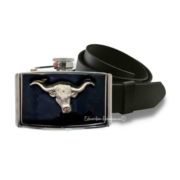 Hebilla de cinturón Loghorn Bull Flask con incrustaciones de esmalte negro brillante pintado a mano inspirado en 3 oz. Matraz personalizado y opciones de color