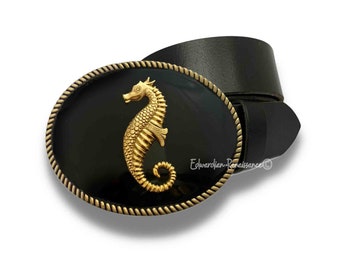 Seahorse Belt Buckle with Teal Velvet and Green rhinestones Teal Enamel Seahorse Belt Buckle, Antique Gold Nautical  main image 3
