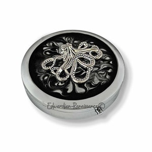 Antique Silver Octopus Pill Box with a Mirror Inlaid in Hand Painted Black Ink Swirl Enamel Vintage Style Personalize and Color Option
