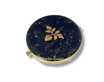 Antique Gold Strawberry Compact Mirror Inlaid in Glossy Black with Gold Splash Enamel Fruit Design with Color and Personalized Options