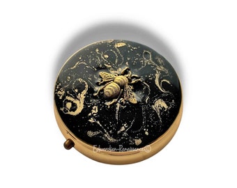 Antique Gold Bee Pill Case: Hand Painted Enamel Art Deco