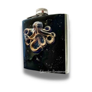 Octopus Flask: Hand Painted Black Enamel, Oxidized Kraken Design