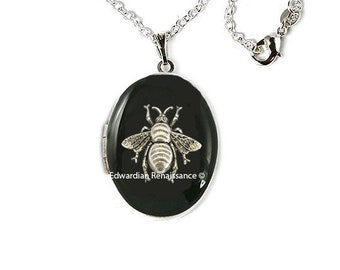 Silver Bee Locket Inlaid in Hand Painted Glossy Black Enamel Oval Locket Insect Necklace with Personalized and Color Options