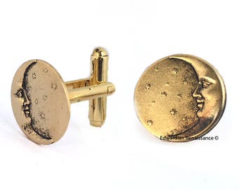 Moon and Stars Cufflinks Disc Shaped Cuff Links with Tie Clip or Tie Pin Set Option