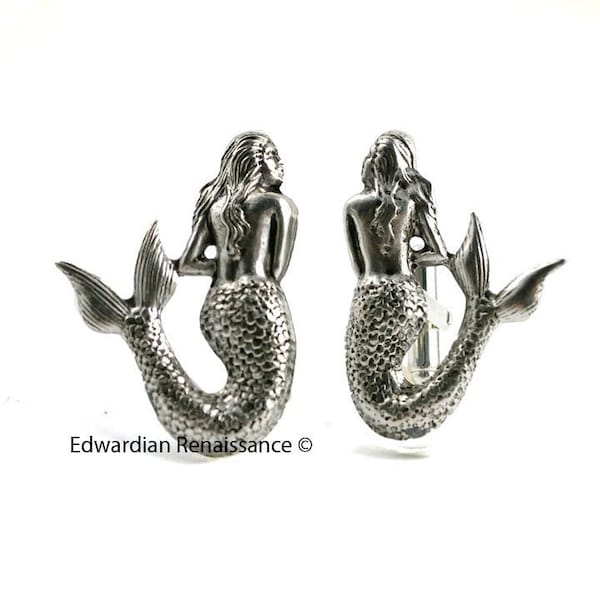 Antique Silver Mermaid Cuff Links Sea Nymph Nautical Fantasy Inspired Statement Accessory