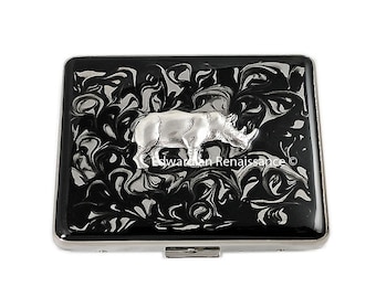 Large 8 Day Pill Box with Mirror Rhino Inlaid in Hand Painted Black Ink Swirl Design Enamel Custom Colors and Personalized Options