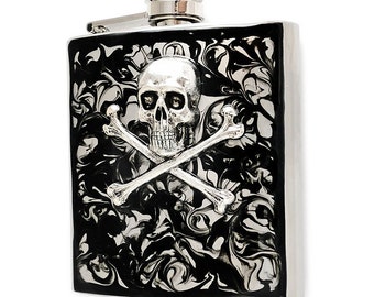 Skull and Crossbones Flask Inlaid in Hand Painted Black Ink Swirl Enamel Gothic Style with Personalized and Color Options