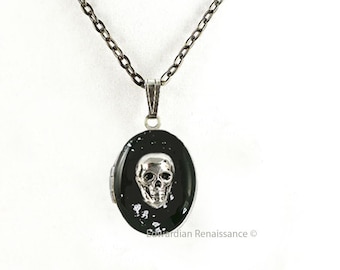 Skull Head Locket in Hand Painted Black Enamel with Silver Splash Design Gothic Victorian Necklace with Personalized and Color Options