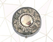 Faceted Jewel Pill Box Inlaid in Hand Painted Grey Enamel Swirl Design Geometric Inspired with Personalized Options Available