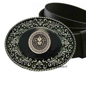 Medusa Belt Buckle: Hand-Painted Enamel Greek Key Design