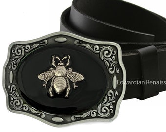 Silver Bee Belt Buckle Inlaid in Hand Painted Glossy Black Onyx Enamel Art Deco Insect Available in Other Colors