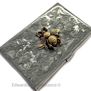 Antike Gold Biene Visitenkartenetui Intarsien Handbemalt Silber Wirbel Emaille Art Deco Insekt Personalisieren Gravur und Farboptionen