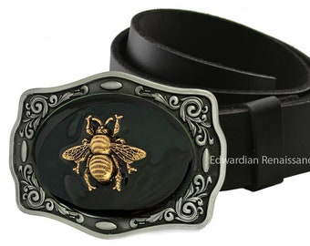 Antique Gold Bee Belt Buckle Inlaid in Hand Painted Glossy Black Onyx Enamel Art Deco Insect Available in Other Colors