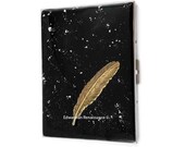 Metal Cigarette Case Antique Gold Ravens Feather Inlaid in Hand Painted Black Enamel with Silver Splash Custom Colors Personalized Options