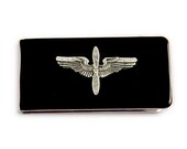 Propeller with Wings Money Clip Inlaid in Hand Painted Black Enamel Air Corps Insignia Vintage Style Aviation w Personalized Color Options