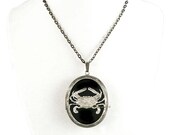 Crab Pill Box Locket Inlaid in Hand Painted Glossy Black Onyx Enamel Cancer Zodiac Necklace Burnished Silver Oval Locket Necklace