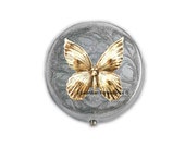 Art Nouveau Butterfly Metal Pill Box Inlaid in Hand Painted Silver Swirl Enamel with Personalized and Color Options Available