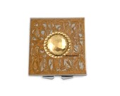 Bejeweled Metal Pill Box Inlaid in Hand Painted Enamel Gold Swirl Design Square Case with Personalized Options Available