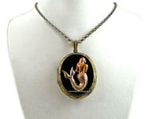 Verdegris Mermaid Large Oval Locket Nautical Fantasy Pill Box Necklace Inlaid in Hand Painted Black Enamel Sea Siren Steampunk Necklace