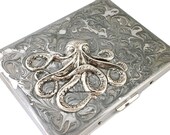 Octopus Metal Cigarette Case Inlaid in Hand Painted Metallic Silver Swirl Design Enamel Nautical Antique Sterling Silver Plated Kraken