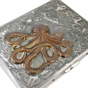 Octopus Cigarette Case Inlaid in Hand Painted Metallic Silver Swirl Enamel Vintage Oxidized Kraken Vintage Finish with Personalized Options