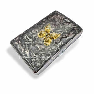 Antique Gold Butterfly Cigarette Case, Art Nouveau Inspired, Personalized Gift, in Hand Painted Gray Swirl Enamel, with Color Options