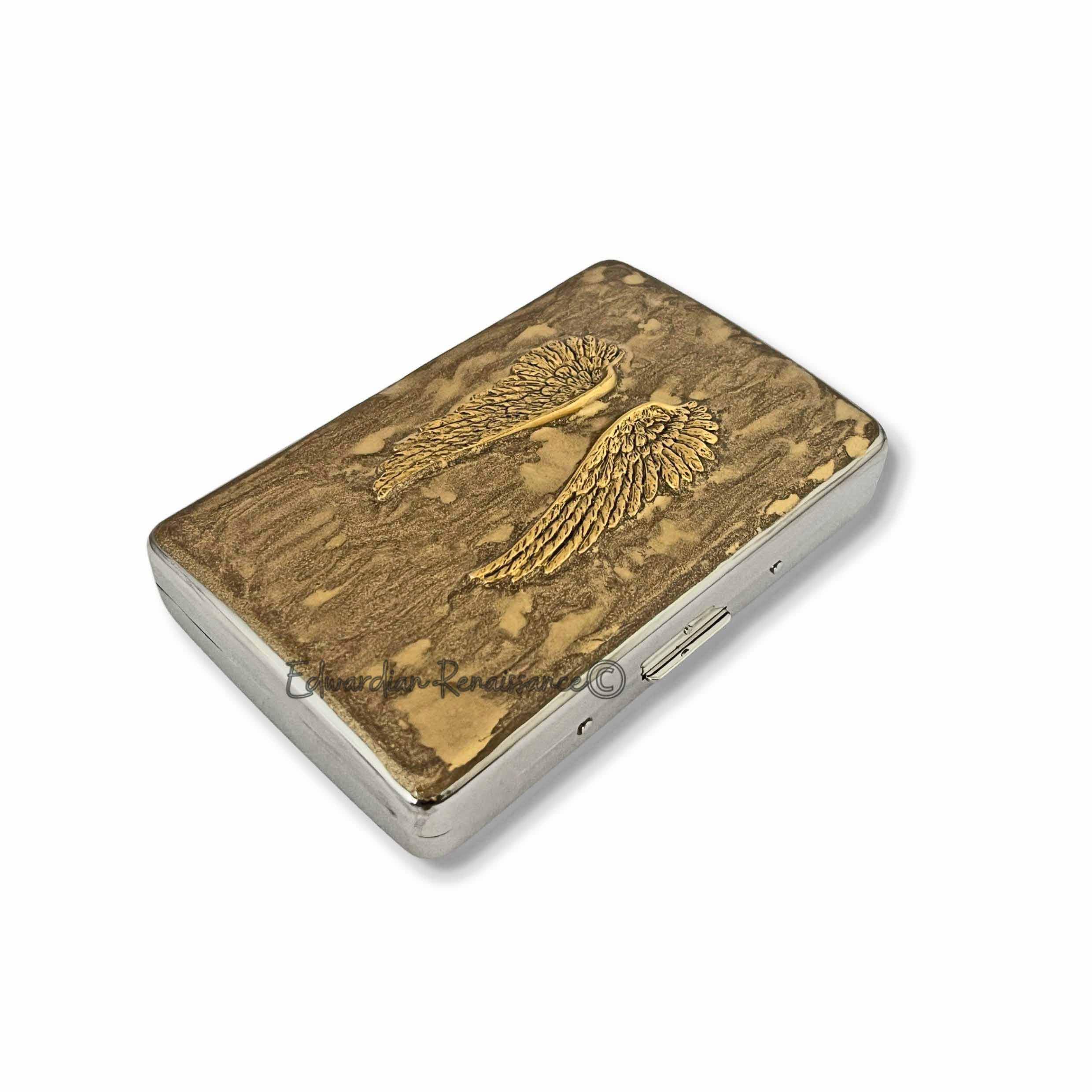 Antique Gold Angel Wings Cigarette Case, Hand Painted Enamel