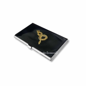 Estuche para tarjetas de visita con forma de serpiente en oro antiguo, con incrustaciones de esmalte negro pintado a mano, diseño de serpiente estilo vintage con opciones personalizadas y de color